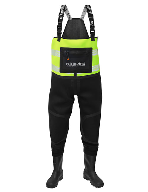 Ollyskins 2928 Hi-Viz Yellow 5mm Neoprene S5 Safety Chest Wader, AntiCut/Abrasion Resistant Knees